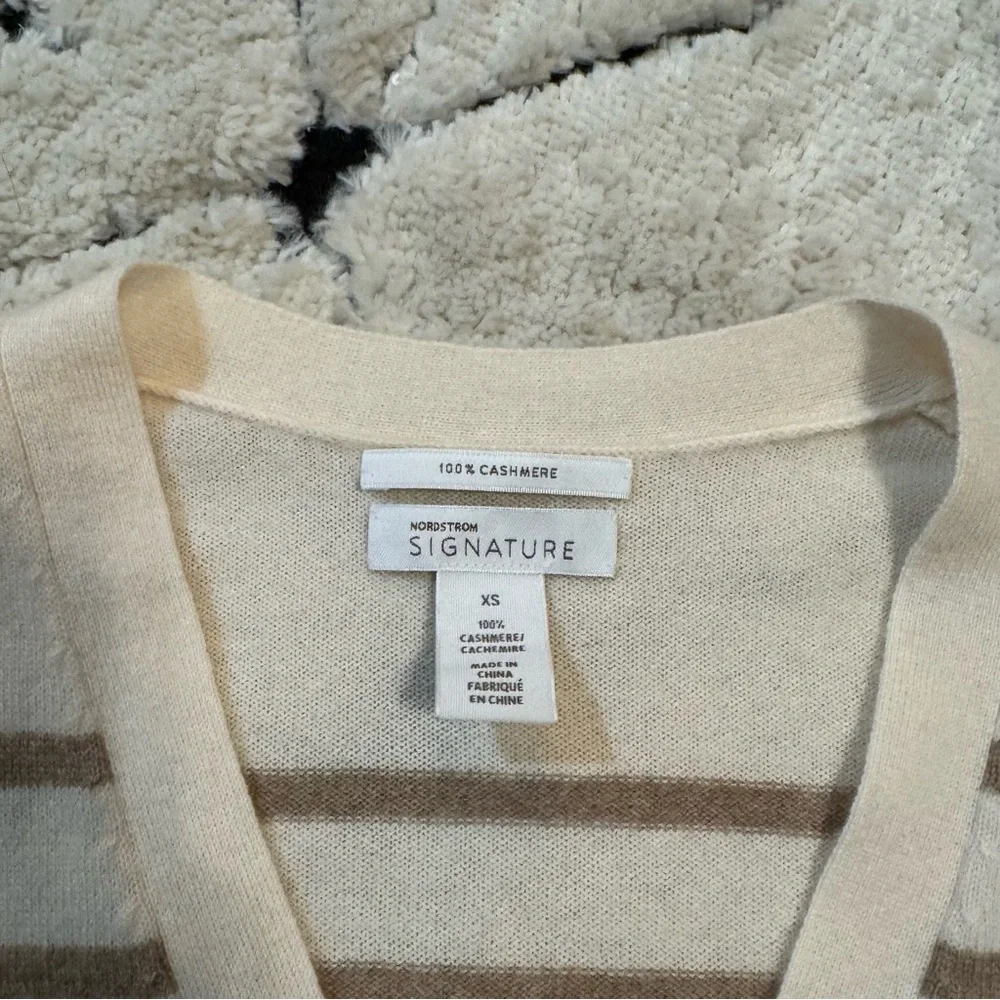 Nordstrom 100% Cashmere Striped Cream and Brown Cardigan - Picture 2 of 4